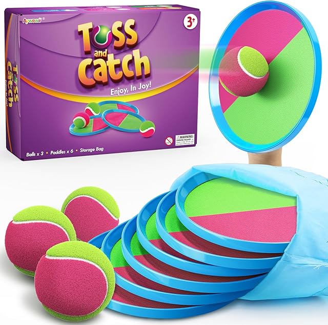 The Aywewii Fun Toss and Catch Ball Set Kids Games, Beach Outdoor Backyard Lawn Toys for Kids with 6 Paddles and 3 Balls, Birthday Gift for Age 3-12 Old Boys Girls Kids Adults Family