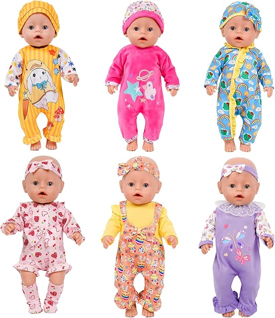 The 6 Sets 14-16 Inch Baby Doll Clothes, New Born Doll Outfits with Rompers & Accessories for 16-inch Soft Body Dolls (43cm, No Doll)