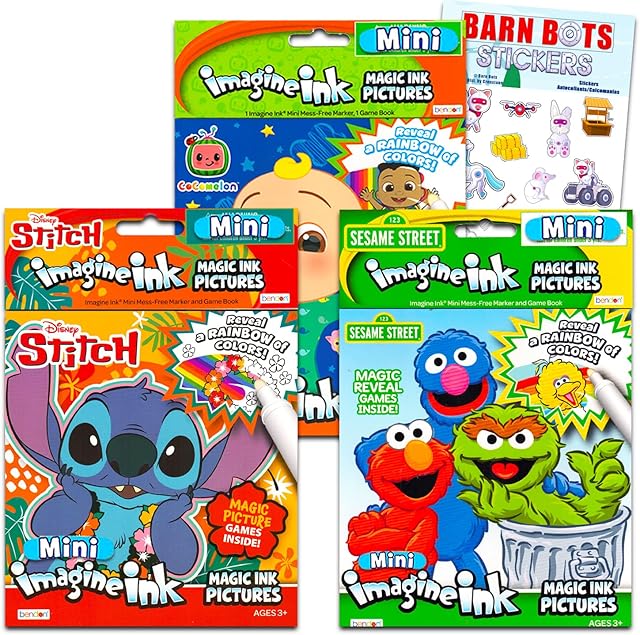The Mess Free Coloring Book Set for Kids Toddlers - Bundle with 3 Imagine Ink Coloring Books with No Mess Invisible Ink Pens Featuring Cocomelon, Sesame Street, Lilo and Stitch