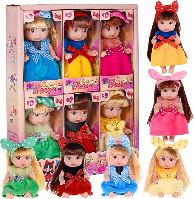 The 6 Pack 4 Inch Mini Fashion Doll Collection - 6 Unique Stylable Hair Dolls with Rotatable Limbs & Cute Outfits | Collectible Toy Gift for Kids