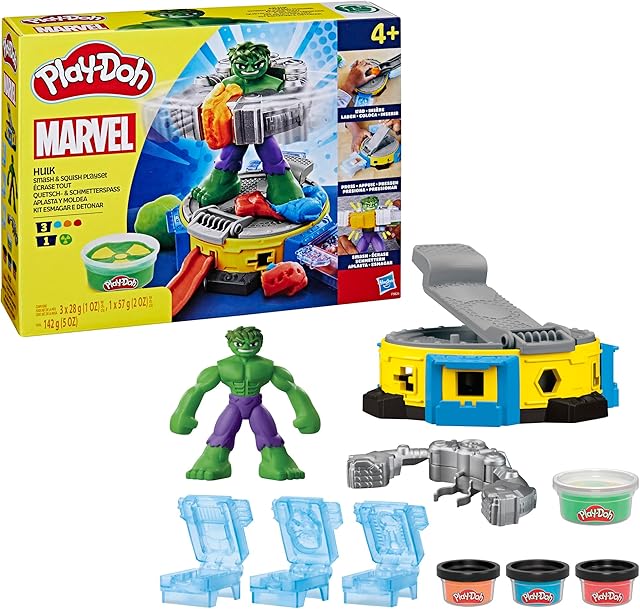 The Play-Doh Marvel Hulk Smash & Squish Kids Playset with Bendy Action Figure and Accessories, Imagination Toys for Boys and Girls 4 and Up