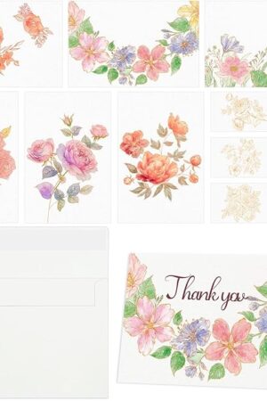 The Prudiut 60 Sets Watercolor Coloring Cards with Envelopes, 140 lb/300 GSM Floral Watercolor Paper Cards Watercolor Postcards for Greeting Cards, Wedding Invitations, Thank You Card (6 Designs)