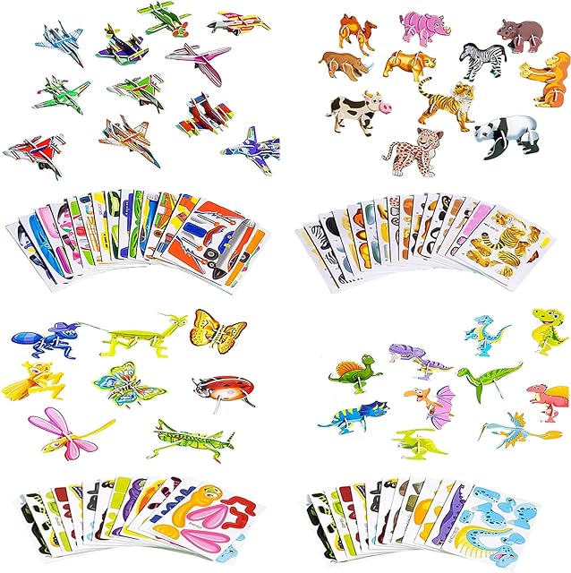 The 100PCS Educational 3D Cartoon Puzzle for Kids - Insects, Dinosaurs, Animals, Vehicles Themed 3D DIY Cardboards for Boys & Girls Gift Party Supplies