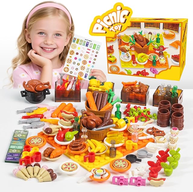 The 200+Pcs Building Blocks Accessories Set with Play Food for City, Farm, Picnic BBQ Party Compatible with Lego Friends MOC Add on Pack for Creative Fun