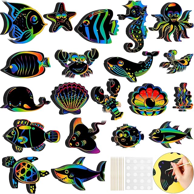 The Liliful 80 Pcs Ocean Animals Scratch Cards Sea Crafts for DIY Ocean Party Scratch Card Summer Card Under The Sea Party Favors for DIY Crafts Home Decoration Project, 20 Styles