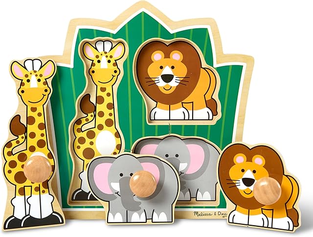 The Melissa & Doug Jungle Friends Safari Animals Jumbo Knob Puzzle, Wooden Peg Puzzle for Toddlers, Educational Toy for Shape Recognition and Fine Motor Skills, Ages 1+