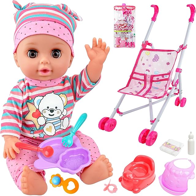 The Baby Doll with Stroller Gift Set, 14'' Realistic Doll with Baby Doll Accessories Playset - Includes Foldable Dolls Stroller, Feeding Set, Baby Dolls Clothes, Toddler Pretend Play Toys for 1-3