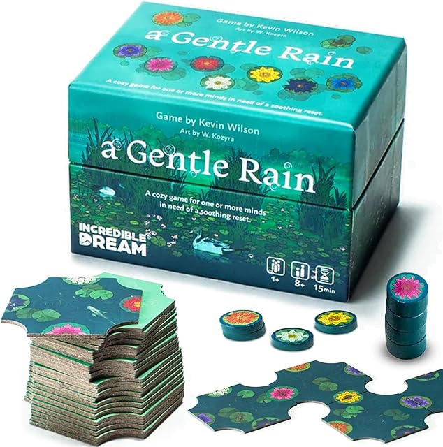 The A Gentle Rain – Calming Tile-Laying Puzzle Game – Mindful Solo, 2-Player, or Cooperative Play in 15 Minutes – Soft-Touch Tiles & Wooden Blossoms – Compact, Giftable, Family-Friendly Board Game