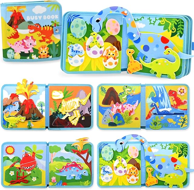 The Meafeng Dinosaur Busy Book for Toddlers 1-3, Montessori Toys Quiet Book & Busy Board for Kids, Travel Toys with Life Skills & Educational Games for Boys and Girls