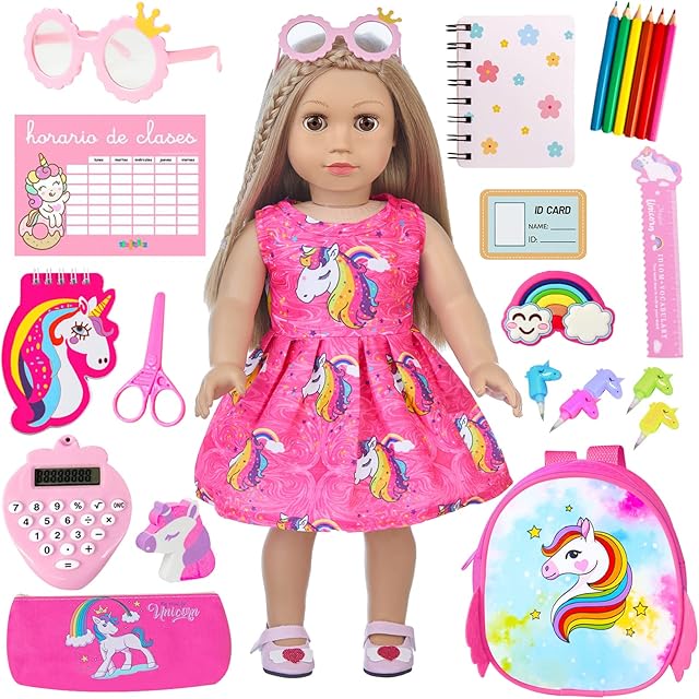 The American 18 Inch Doll Accessories Stationery Set and Clothes Pink Unicorn Series for Kid's 18 Inch Doll