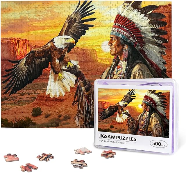 The African American Chief and Eagle Jigsaw Puzzles 500 Pieces for Adults Indians Chief Puzzles Beautiful Native American Portrait Puzzle Art Colorful Native American Artwork for 500 Pieces Gifts