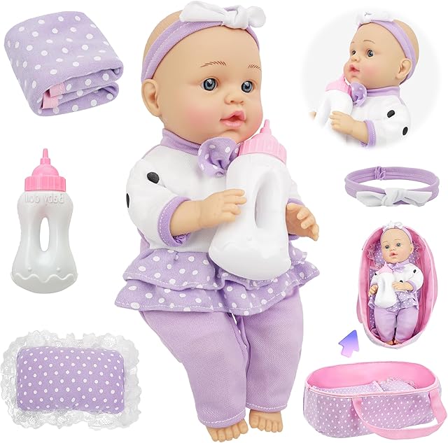 The SMILESSKIDDO Baby Doll with Accessories, 12" Dolls Playset with Washable Carrier Bassinet Bed, Bottle, Blanket, and Pillow, Soft Body Baby Dolls for 2+ Year Old Girls