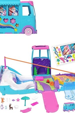 The Polly Pocket Micro Dolls and Transforming Camper Van Vehicle, Accessories Include Pets and Toy Car, Pet Mobile Adventure Playset