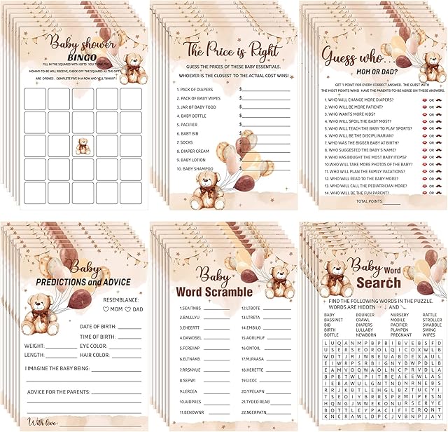 The Jetec 302 Pcs Bear Baby Shower Games Set 6 Games Include Baby Shower Bingo Word Scramble Word Search Predictions and Advice The Price is Right Guess Who Mom or Dad(Brown Bear)