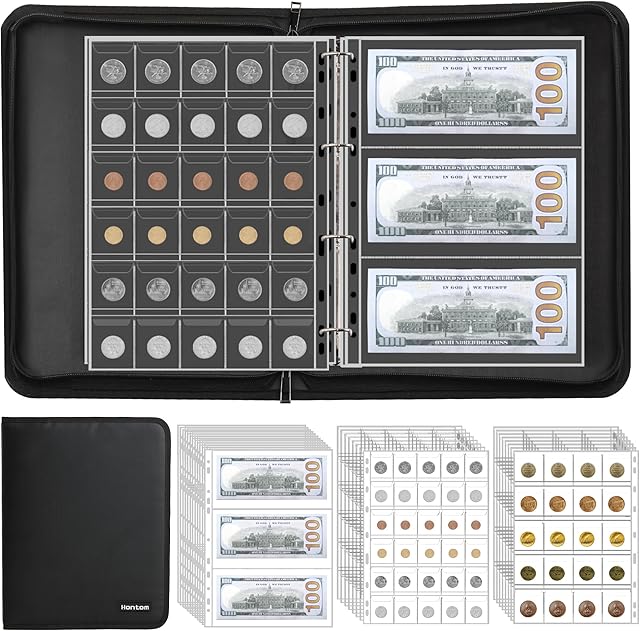 The Coin Collection Album Holder for Collectors, 400 Pockets Fireproof Coin Collection Book & 36 Paper Money Organizer Binder for Coin Currency Collection Supplies,Pennies,Bill,Tokens,Badges