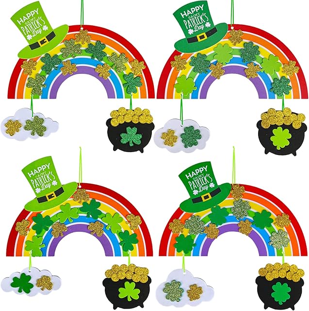 The Winlyn 12 Sets St. Patrick's Day Decorations Rainbow Ornaments DIY St. Pat's Craft Kits Rainbow Four-Leaf Clover Irish Lucky Shamrock Foam Stickers for Kids Party Classroom Home Activity Art Project