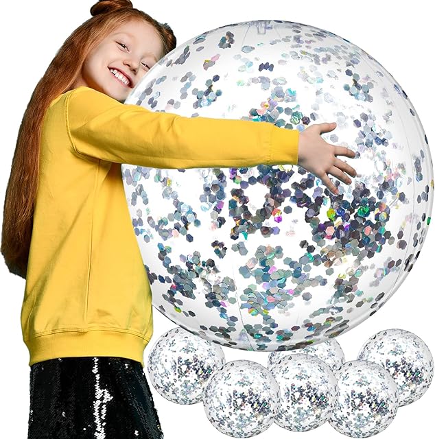 The Civaner Inflatable Beach Ball 16 Inch 24 Inch Clear Sequins Glitter Summer Swimming Pool Balls Wedding Outdoor Decor Ornaments Floatable Confetti Decor for Beach Xmas Party Favor(Silver)