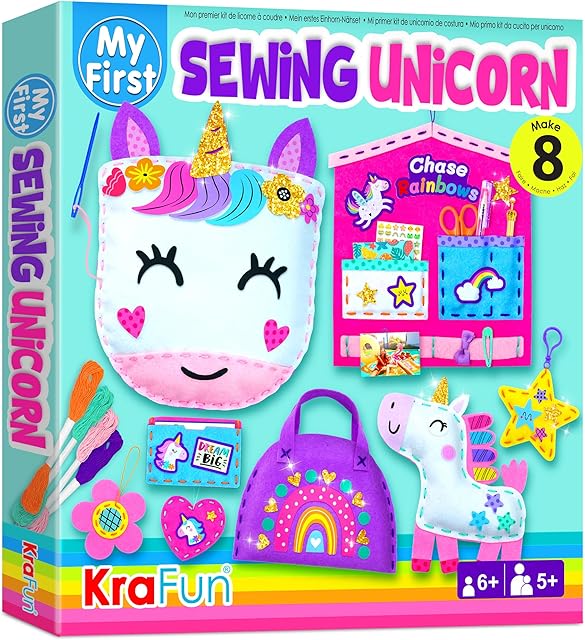 The KRAFUN My First Unicorn Kids Sewing kit, Beginner Arts & Crafts, Make 8 Cute Projects with Plush Stuffed Animal, Pillow, Mobile, Keyring and Bag, Instructions & Felt for Learn Sewing, Embroidery