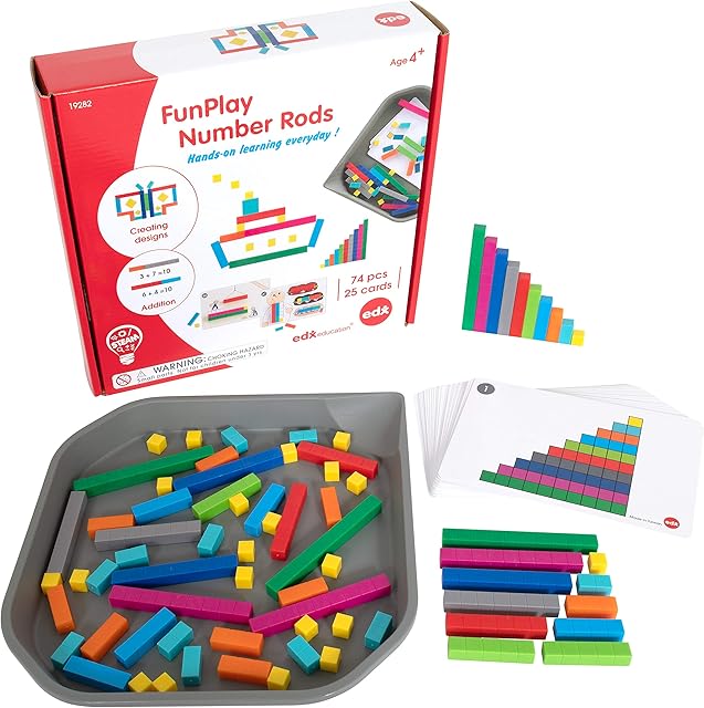 The edxeducation FunPlay Number Rods - Homeschool Kit for Kids - Set of 74 Math Manipulatives + 50 Activities + Messy Tray