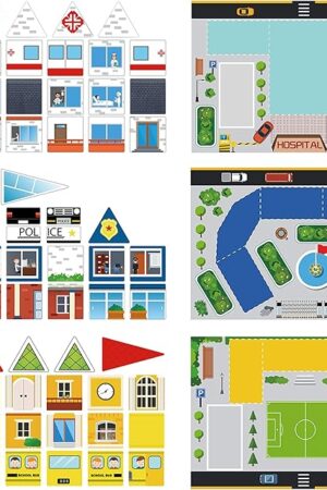 The PicassoTiles 80pc School, Hospital, Police Station 3-in-1 Theme Magnet Self Adhesive Backing Stick-On Puzzle Graphic Kit and Overlay Maps for Magnetic Building Blocks STEM Learning Construction Toy