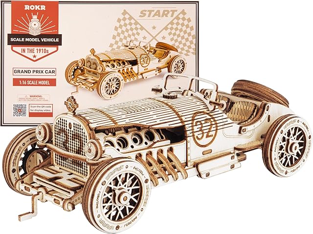 The ROKR 3D Wooden Puzzle for Adults Mechanical Car Model-DIY Building Vehicle Kits-Brain Teaser Toys-Gift for Men Women on Birthday/Christmas Day(Grand Prix Car)