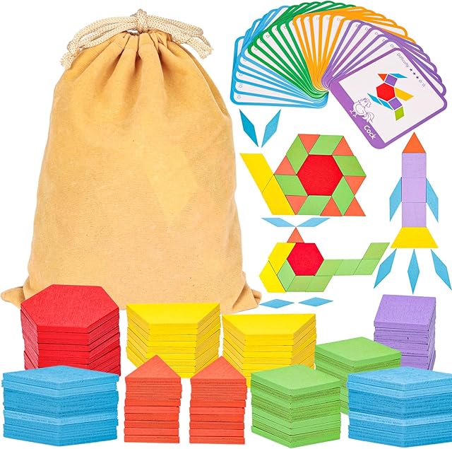 The LovesTown 209 PCS Shapes Wooden Pattern Blocks for Kids,Geometric with Activity Cards and Storage Bag, Educational Tangram Puzzles,Great Learning Gift from Parents or Teachers
