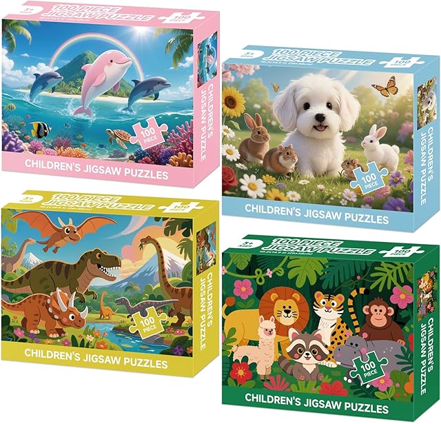 The 4 Packs 100 Piece Puzzles for Kids Ages 4-6 6-8 8-10, Wildlife Dinosaurs Dogs Dolphins Kids Puzzles Ages 3-5 4-6 5-8, 100 Large Piece Jigsaw Puzzles Educational Toys Gift for Boys and Girls (15x10 in)