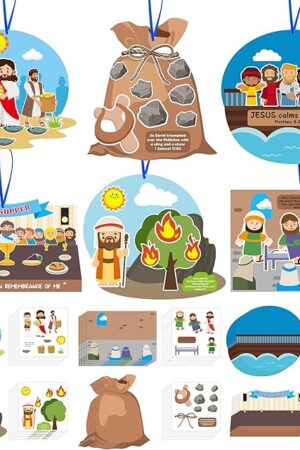 The Religious Sunday School Crafts for Kids 36Set Bulk Christian Bible Stories DIY Paper Craft Sticker Hanging Ornament Craft Kit for Classroom VBS Activities Sunday School Church Carnivals Exchange Gifts