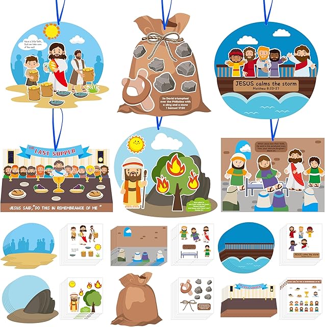 The Religious Sunday School Crafts for Kids 36Set Bulk Christian Bible Stories DIY Paper Craft Sticker Hanging Ornament Craft Kit for Classroom VBS Activities Sunday School Church Carnivals Exchange Gifts