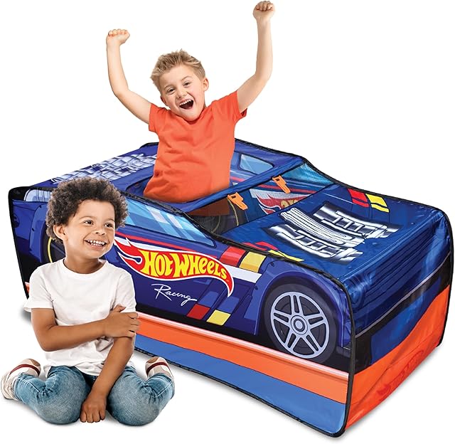 The Hot Wheels™ Pop Up Play Tent, Playhouse for Boys, Race Car Tent with Connections for Hot Wheels Tracks, Indoor Playspace with Roll-Up Door & Roof Opening, Easy Setup, Folds Flat for Storage