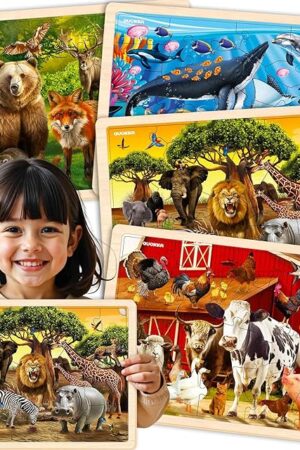 The QUOKKA 4SET Puzzles for Kids Ages 4-6 - 48 Pcs Wooden Toddler Realistic Montessori Puzzles Ages 3-5 - Wild Animals Africa Ocean Farm Learning Games for Boys and Girls 4-8 Year Olds