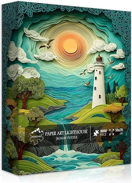 The Lighthouse Puzzles for Adults 1000 Pieces, Ocean Puzzles Sunset Bird Nature Scenic Paper Cut Art, Sea Nature Scenery Challenge Jigsaw Puzzle