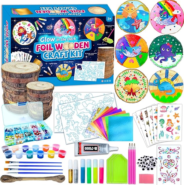 The Atydkug Kids Wooden Painting Kit - Glow in the Dark Foil Arts Fun Kit DIY Crafts Gifts for Boys Girls Ages 6-12 Wood Slices Gem Diamond Kit Painting Sets Creative Art Toys Birthday Party Arts & Crafts