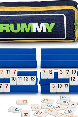 The Point Games Classic Rummy Cube Game Full Size, with 3 Tier Foldable Racks and Tiles, in a Super Durable Canvas Travel Bag