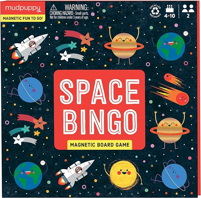 The Mudpuppy Space Bingo – Outer Space Version of Travel-Friendly Magnetic Board Game with Adorable Illustrations of Planets for Children Ages 4 to 10, 2-6 Players