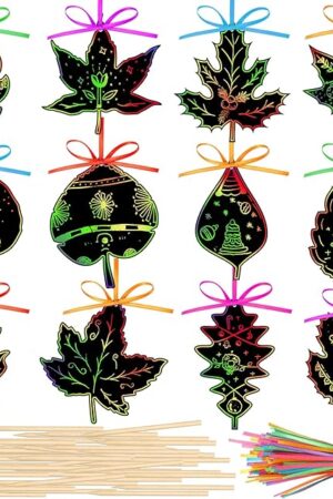 The Qilery 120 Pcs Fall Scratch Art Leaves Paper Activities Harvest Colorful Rainbow Autumn Leaf Scratch Kits with Ribbons and Wooden Stylus for Thanksgiving Halloween Party Favors