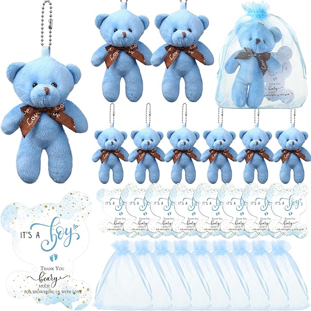 The Ceenna 50 Sets Bear Baby Shower Favor Bulk for Guest 50 Tiny Stuffed Plush Bear Toy Thank You Cards and Organza Bag for Baby Shower Gender Reveal Decorations Guest Gifts Souvenir(Light Blue)