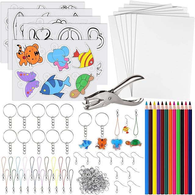 The ASTARON 168Pcs Shrinking Plastic Sheets Kit Includes 15 Shrinking Film Art Paper, Hole Punch, 12 Colored Pencils and 140 Pcs Shrinkles Keychain Jewelry Making Accessories for Kids Craft Supplies