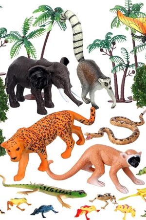 The Rainforest Diorama Animals Figures Toys Set Assorted Creatures Rainforest Diorama Supplies Animals Model Trees for Birthday Party Favors, Piñata Fillers