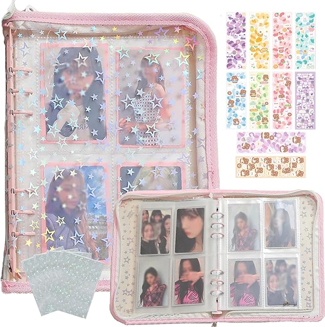 The Kpop Photocard Binder with 6 Stickers Sheet & 50 Shinning Protective Card Sleeves Kpop Photocard Holder Book, A5 Binder Photocard Album 25 Inner Pages with 200 Pockets 6 Ring (Pink)