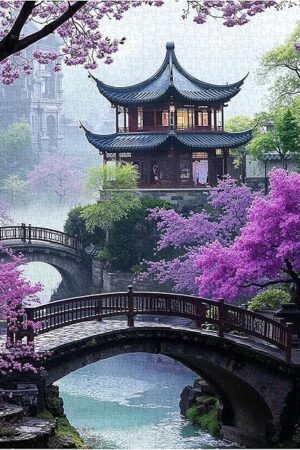 The PICKFORU Plum Blossom Dreamscape Puzzles for Adults 1000 Pieces, Vintage Flower Tree Scenery Puzzles, Impossible Unique Lake Park Theme as Home Decor