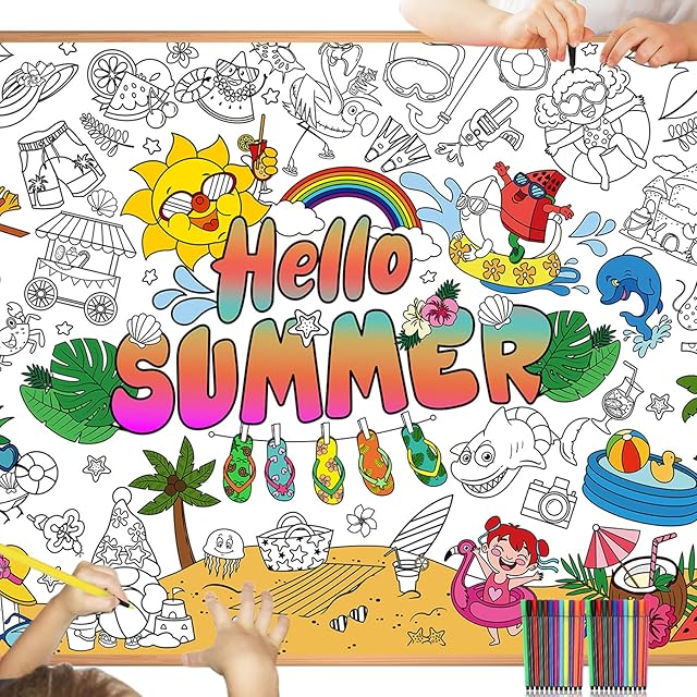 The HOWAF Giant Hello Summer Coloring Poster with 24pcs (24 Colors) Paint Pens, Jumbo Summer Coloring Banner for Kids Pool Party Game Activities Supplies, Large Hello Summer Coloring Table Cover