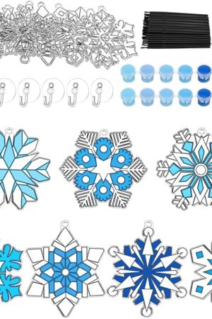 The Poen 28 Sets Snowflake Suncatchers Craft Kits Frozen Winter DIY Window Paint Art Hanging Sun Catcher Decorations for Kids Christmas Winter Classroom Home Party Activity
