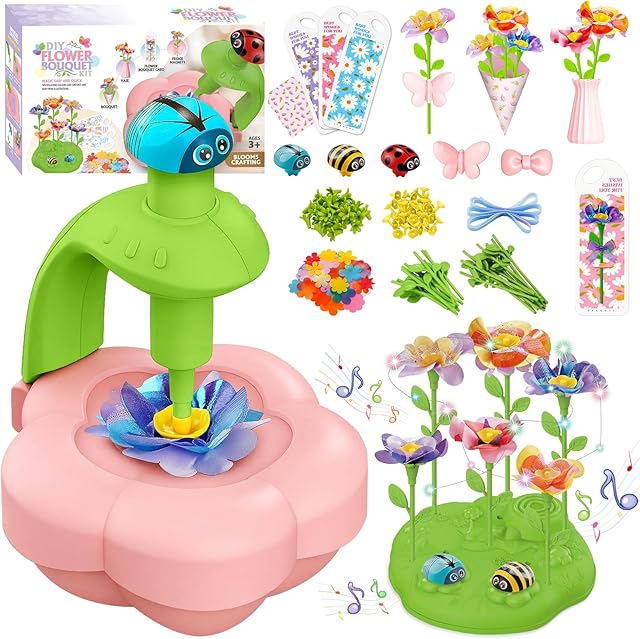 The XIKBDU DIY Art Flower Toys, Arts and Crafts Activity Kit for Kids Ages 3-12, Fabric Bouquet Craft with Light&Music for Toddler, Christmas Birthday Gifts for 3 4 5 6 7 8 9 10 11 12 Year Old Girl