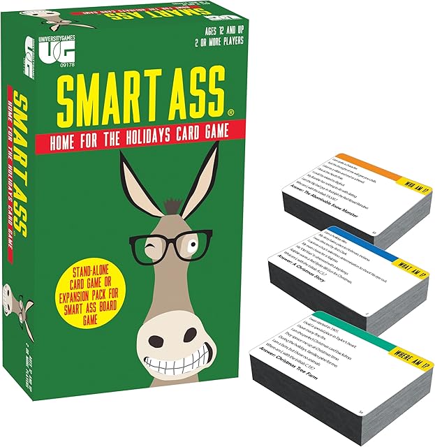 The University Games, Smart Ass Home for The Holidays Edition, Festive Trivia Card Game for Family Game Nights & Parties, Ages 12 and Up, 2 or More Players, Standalone or Expansion Pack