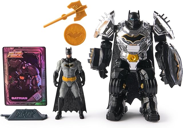 The DC Comics, Metal Force Batman Action Figure, 6-Inch with 4-Inch Mini Figure, Built-in Blaster and Armor Suit, Super Hero Kids Toys for Boys and Girls Ages 4 and Up