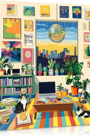 The PICKFORU Cat Cozy Puzzles for Adults 1000 Pieces, Colorful Kitty Living Room Art Plant Puzzle, Vintage Animal Book Kitten Challenging Difficult Puzzle for Adults