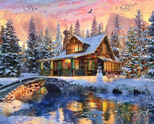 The Springbok - Rocky Mountain Christmas - 1000 Piece Jigsaw Puzzle- Cabin in The Woods nestled in The Mountains