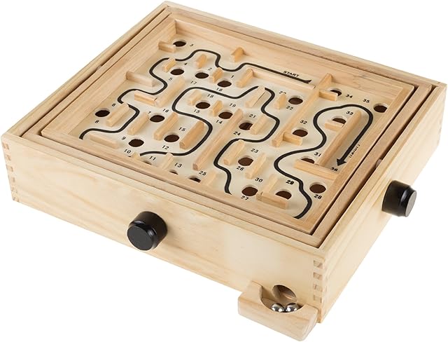 The Labyrinth Wooden Maze Game with Two Steel Marbles, Puzzle Game for Adults, Boys and Girls by Hey! Play! , Tan