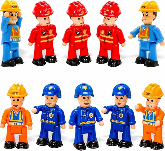 The FUNERICA 10-Set Toy People Figures - Bendable Fireman, Police, Construction Workers, Community Helpers, Play Little People Toys Figurines Dollhouse Firefighter playset